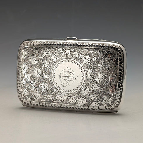 1880 British antique sterling silver cigarette case, 51g, with case, Hilliard & Thomason